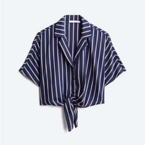 Lush Navy Tie Front Cropped Blouse